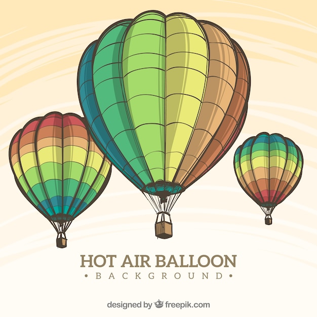 Free vector hot air balloons background with sky in hand drawn style