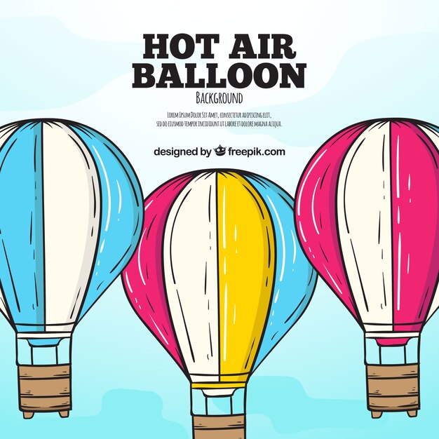 Hot air balloons background with sky in hand drawn style