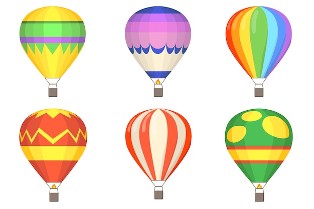 熱気球フラットイラストセット。バスケットと漫画のカラフルな風船は、ベクトルイラストコレクションを分離しました。飛行、空、夏のコンセプト