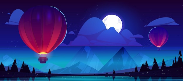 夜は熱気球が山の湖の上を飛ぶ