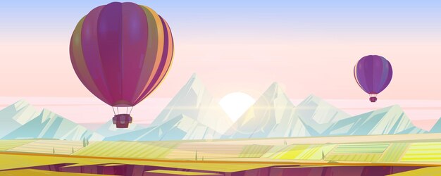 野原や岩の上を飛ぶ熱気球