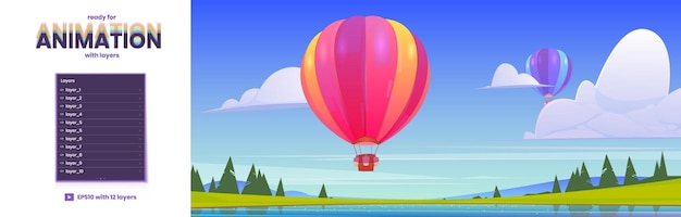 Vettore gratuito mongolfiere che volano sopra il lago e la foresta fondo di parallasse di vettore pronto per l'animazione 2d con l'illustrazione del fumetto del paesaggio estivo con i dirigibili colorati con i cestini