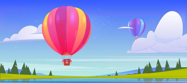 Hot air balloons flying above pond, green field and mountain peaks in blue sky. Scenery nature summer background, aerostat with baskets and sand sacks flight, aero festival Cartoon vector illustration