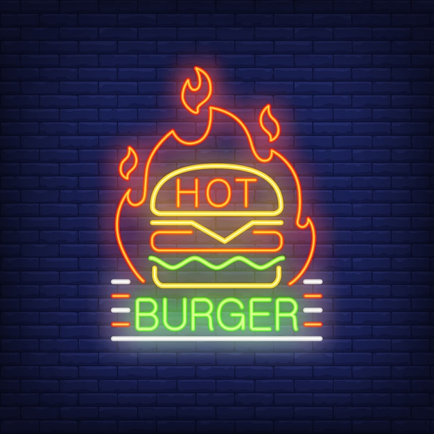 Free vector hot burger neon sign. hamburger and fire shape on brick wall background.