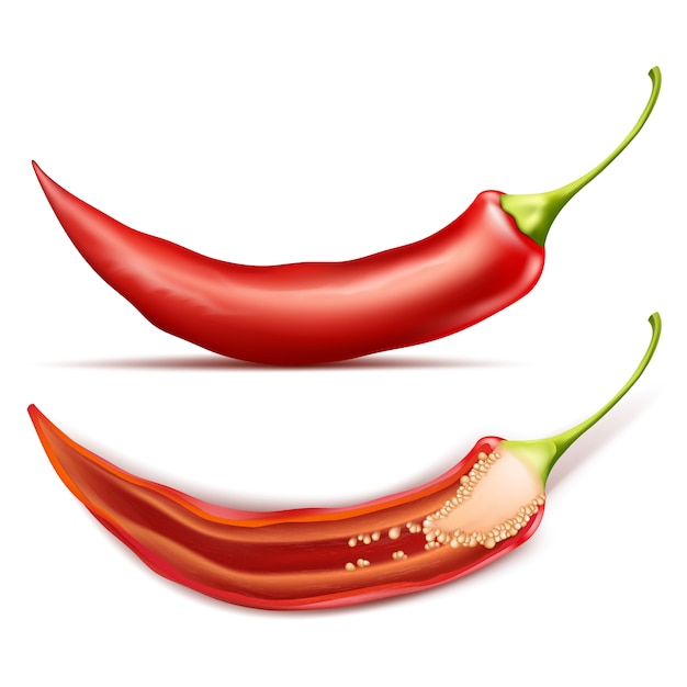 Hot chili pepper, whole and half, isolated on background
