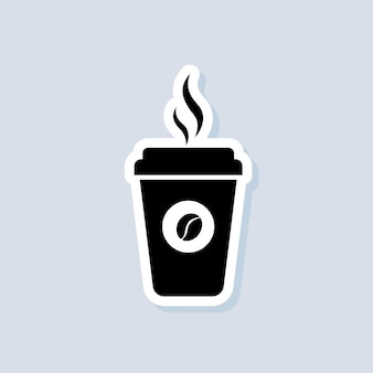 뜨거운 커피 컵 스티커, 로고, 아이콘입니다. 벡터. 종이컵. 콩 로고가 있는 일회용 커피 컵 아이콘입니다. 커피숍 로고. 격리 된 배경에 벡터입니다. Eps 10 프리미엄 벡터