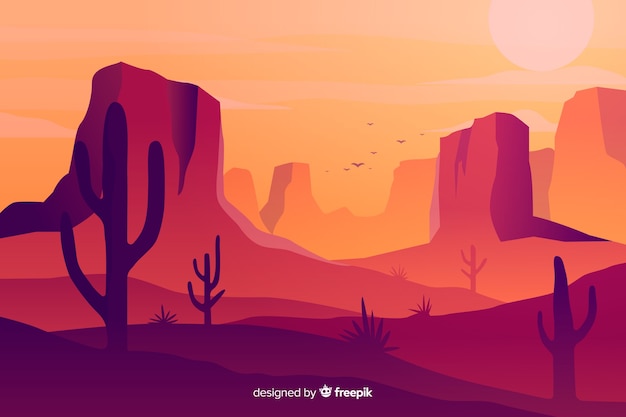 サボテンと熱い砂漠の風景の背景 無料ベクター
