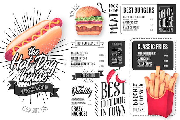 Vettore gratuito modello di menu ristorante hot dog con illustrazioni