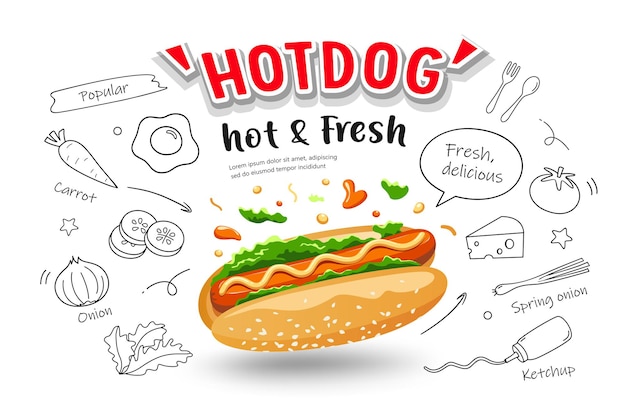 Хот-дог вектор горячий и свежий с едой рисунок дизайн плаката баннер, изолированные на белом фоне