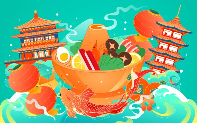 Hot pot ingredients background poster celebrating chinese new year new years eve food illustration