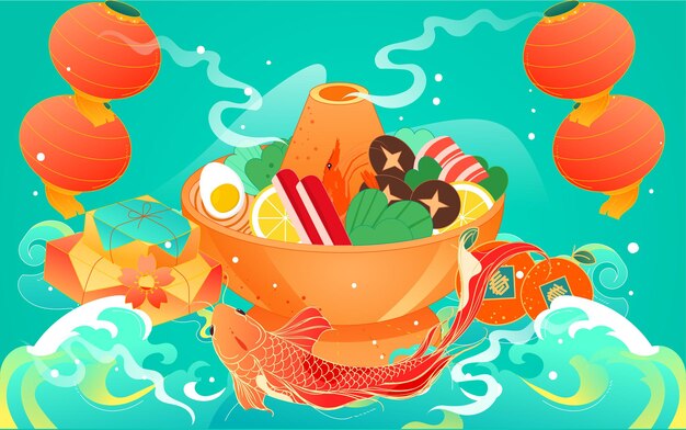 Hot pot ingredients background poster celebrating chinese new year new years eve food illustration