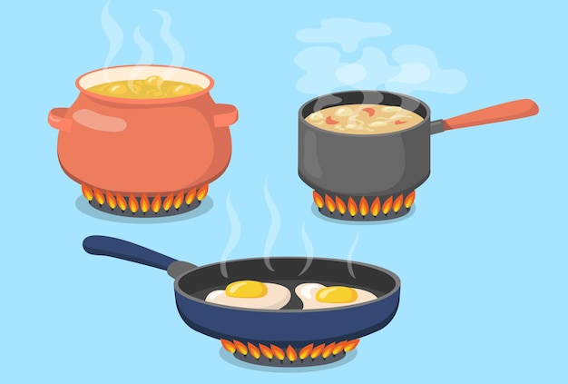 Hot pot, saucepan and pan on gas stove flat set