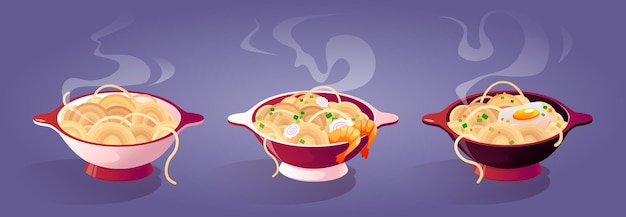 Free vector hot ready to eat noodle with additions and steam