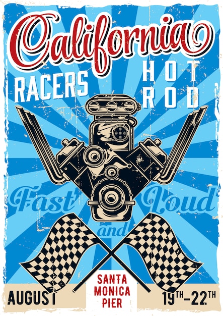 Vettore gratuito design poster vintage tema hot rod con illustrazione del potente motore