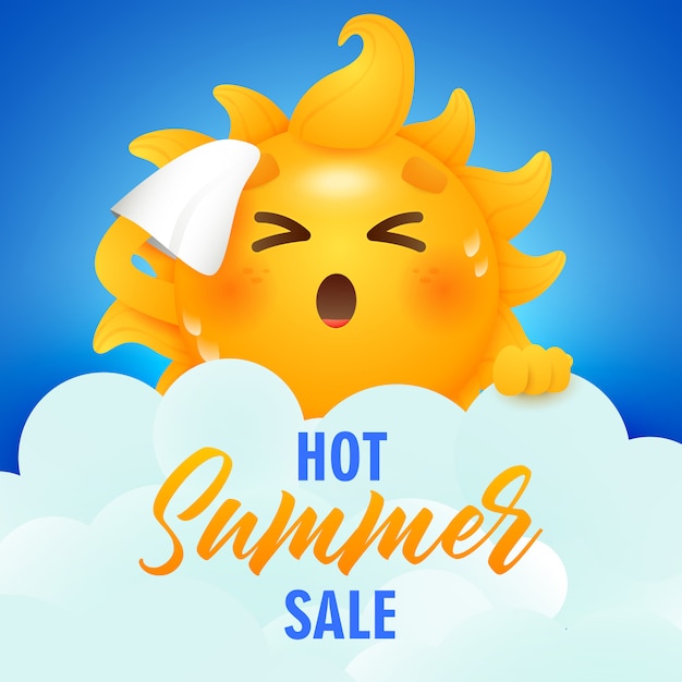 Hot summer sale lettering and sun cartoon character