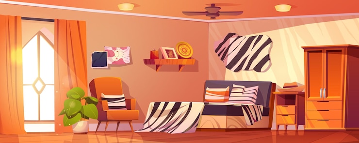 Free Vector hotel bedroom interior cartoon background vector zebra print blanket on bed furniture and wall decor home illustration 2d clean apartment with window armchair nightstand and wooden cupboard