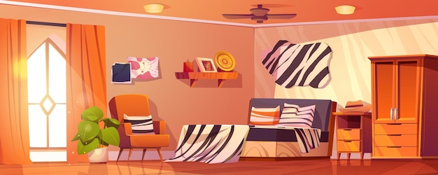 ホテルの寝室のインテリア漫画の背景ベクトル ゼブラ プリント毛布ベッド家具と壁の装飾家のイラスト 2 d きれいなアパート、窓肘掛け椅子ナイトスタンド、木製食器棚