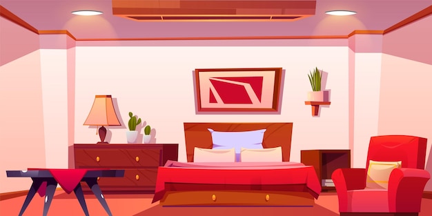 Free vector hotel bedroom interior design vector cartoon illustration of room with red armchair wooden table drawer large bed with blanket and pillows cactus in flowerpot on shelf abstract picture on wall