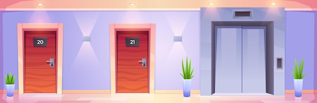Бесплатное векторное изображение Коридор гостиницы с дверьми лифта и комнат