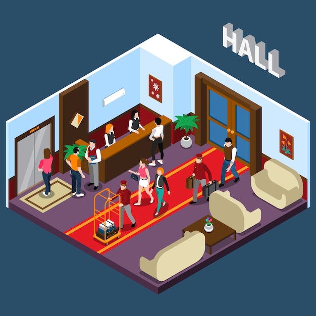 Free vector hotel hall isometric illustration