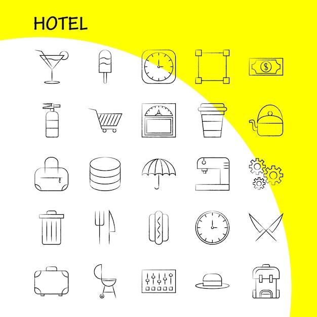 Hotel hand drawn icon for web print and mobile uxui kit such as clock optimization time time optimization weight machine scale pictogram pack vector