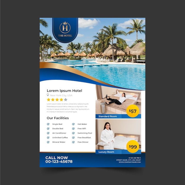 Vettore gratuito modello di volantino di informazioni dell'hotel con foto