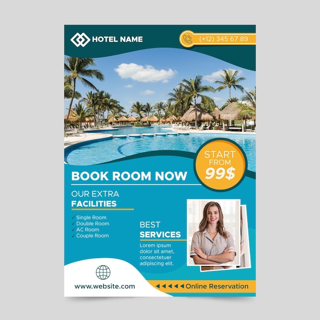 Free vector hotel information flyer template with photo