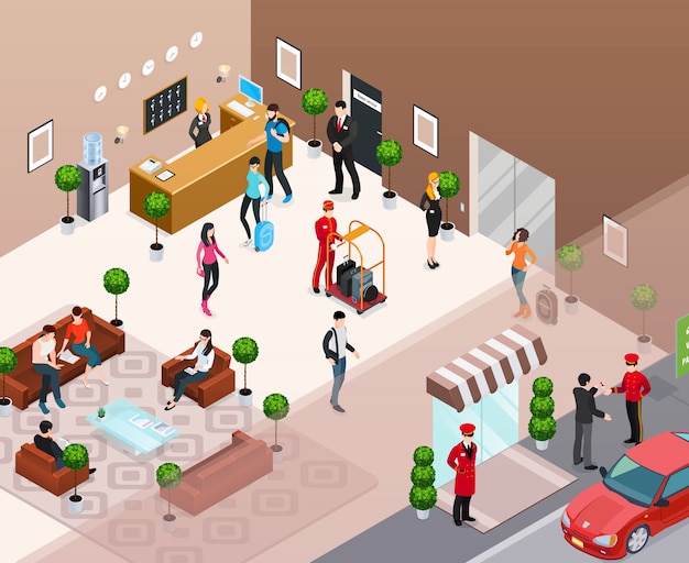 Free vector hotel interior isometric concept