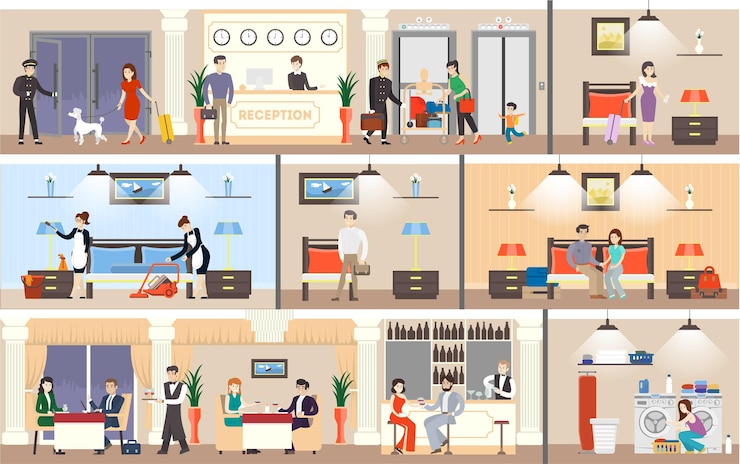 Free Vector hotel interior set reception and rooms restaurant and laundry