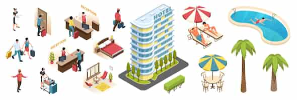 Free vector hotel isometric set