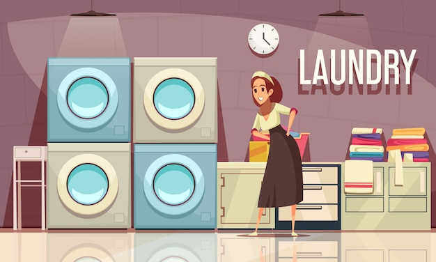 Hotel Laundry Composition With View Of Utility Room Interior With Clock Washing Machines And Editable Text