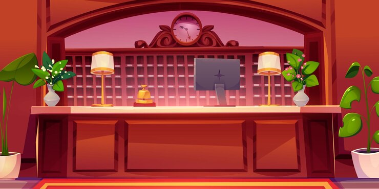 Free Vector hotel lobby interior with wooden reception counter