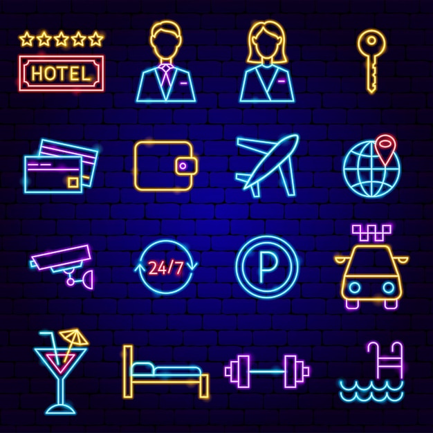 Отель неоновые иконки. векторная иллюстрация продвижения бизнес-услуг. Premium векторы