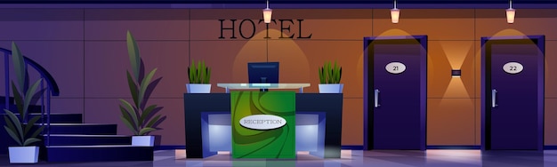 Free vector hotel reception desk and lobby vector cartoon illustration of large hallway locked room doors flower pots with green plants dimmed light in hall computer on table staircase hospitality business