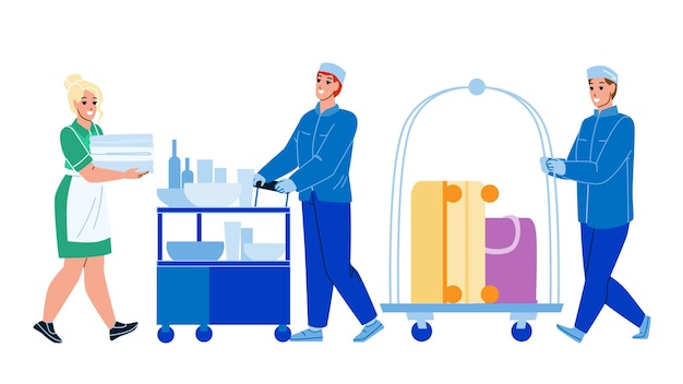 Free vector hotel room service servicing client set. woman housemaid carrying linen, man carry food and luggage on cart to apartment.