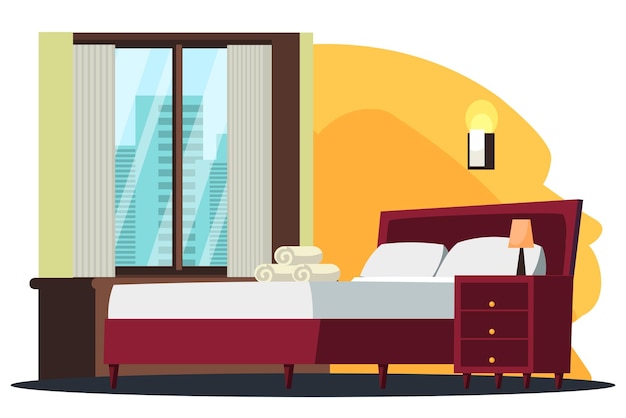 無料ベクター ベッドのインテリアデザインの背景の窓とカーテンのあるホテルの部屋枕とタオルのランプが付いたベッド街の景色を望むモダンなホテルに滞在して幸せな休日の休暇