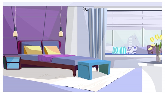 Camera d'albergo con letto nell'illustrazione di colore viola