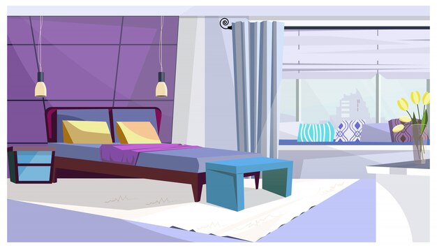 Hotel room with bed in purple color illustration