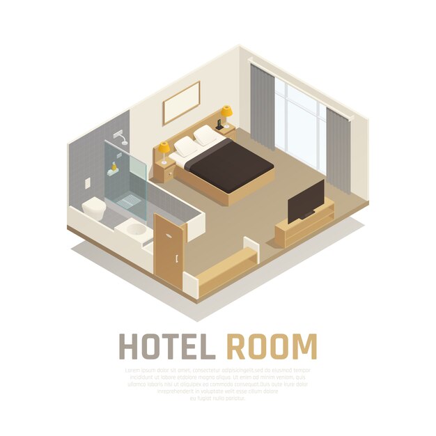 Hotel room with light furniture television and bath area with shower and toilet isometric composition 