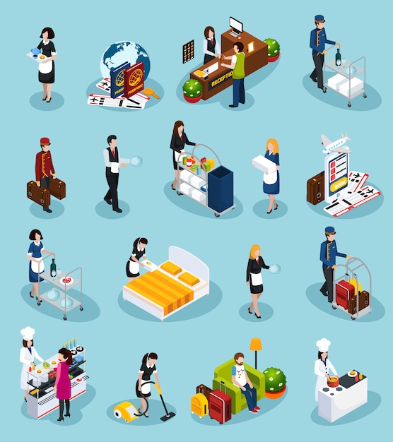 Free vector hotel service isometric icon set