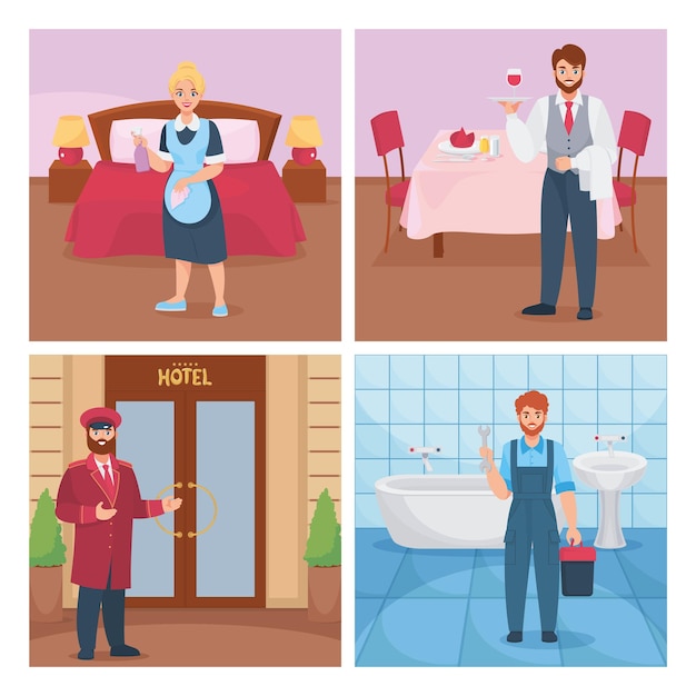 Il personale dell'hotel piatto 2x2 set di composizioni quadrate con viste del lavoratore dell'hotel in una determinata stanza illustrazione vettoriale