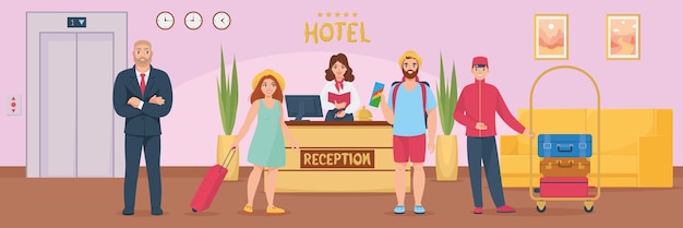 Бесплатное векторное изображение Плоская композиция персонала отеля с горизонтальным видом на вестибюль отеля с охраной стойки регистрации и векторной иллюстрацией портье