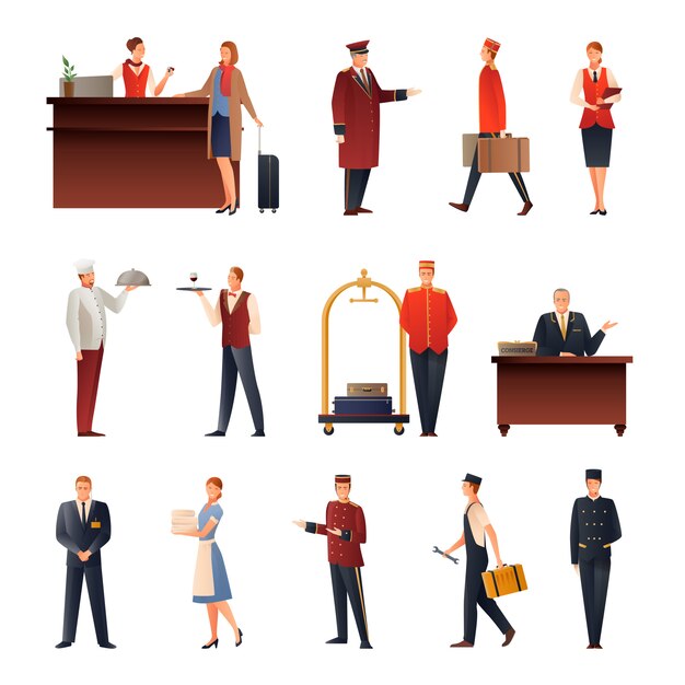 hotel staff flat icons set