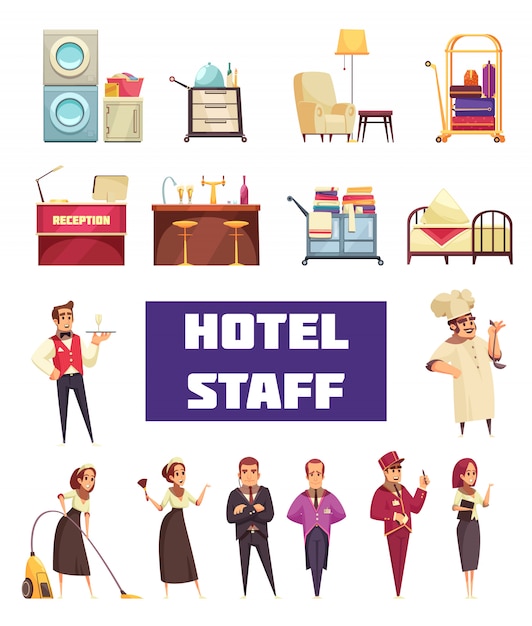 Бесплатное векторное изображение Персонал отеля установлен с рабочими и мебелью