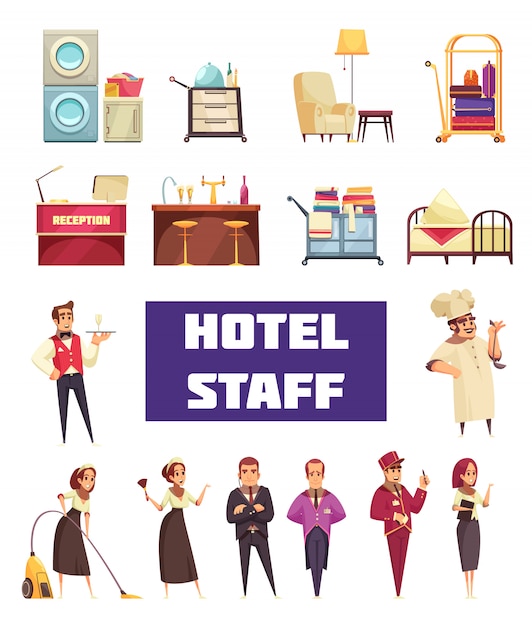 Free vector hotel staff set with workers and furnitures