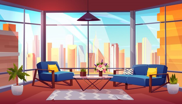 Hotel suite in skyscraper cartoon vector interior illustration