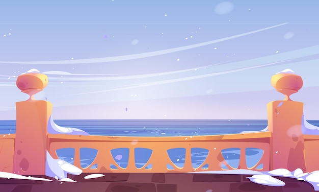 Free vector hotel terrace empty view with sea and falling snow