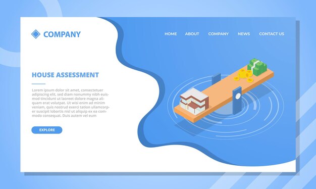 アイソメトリックスタイルのベクトル図とウェブサイトテンプレートまたは着陸ホームページの家の評価の概念