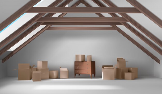 house attic interior, mansard room with boxes