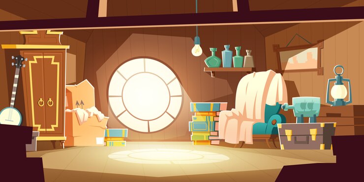 Free Vector house attic with old furniture, cartoon background